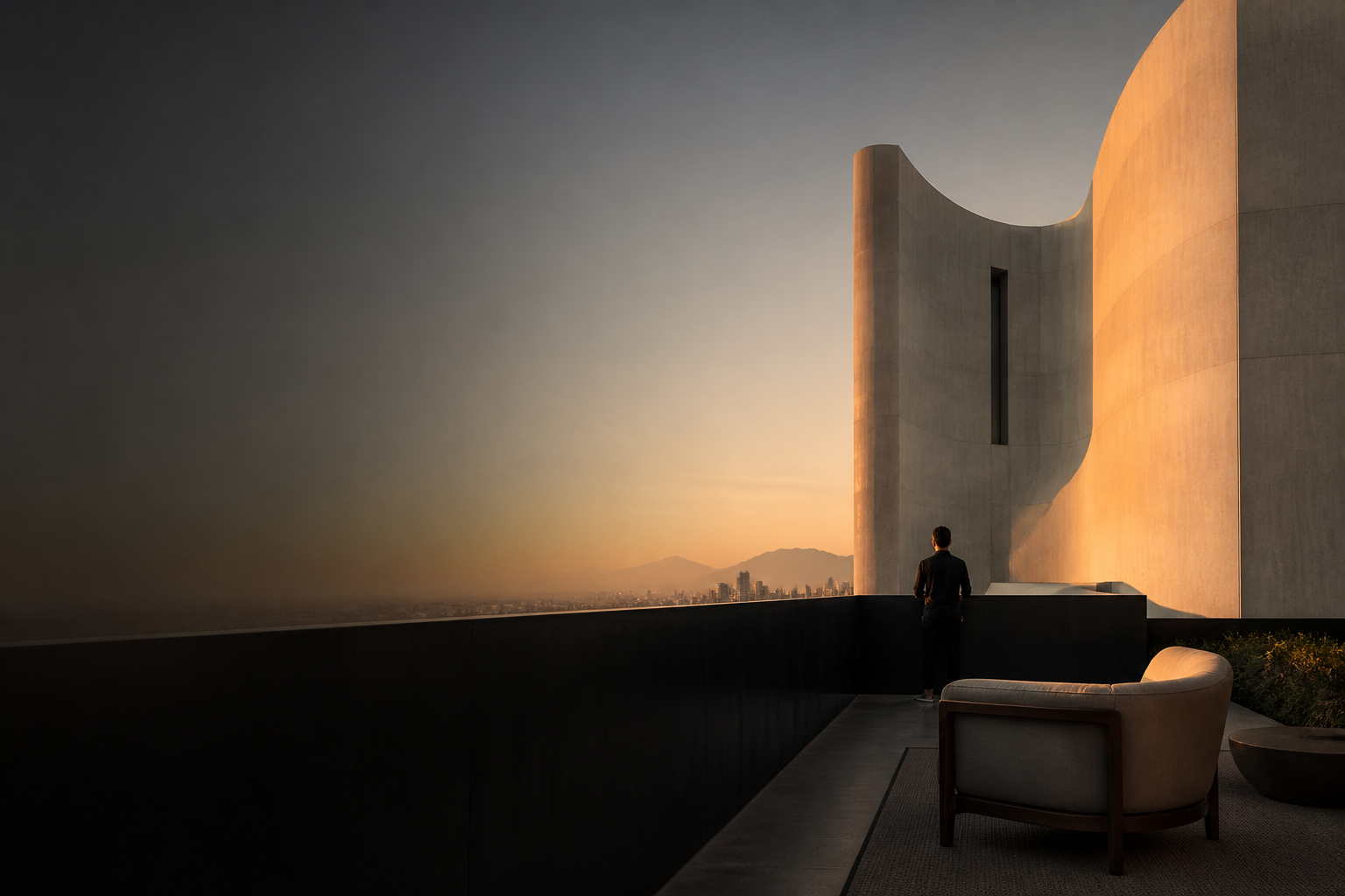 Imagined modernist rooftop terrace at golden hour